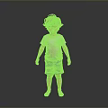 Child in Light Gray T-Shirt and Blue Shorts Standing Barefoot Against Dark Background