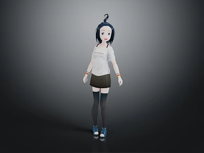 3D Character Girl Creature With Blue Hair White T-Shirt Brown Shorts Black Stockings Blue Shoes 3d model