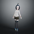 3D Character Girl Creature With Blue Hair White T-Shirt Brown Shorts Black Stockings Blue Shoes