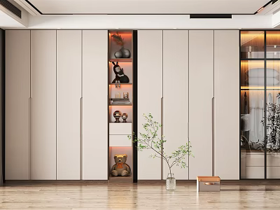 Modern Wardrobe Design With Open Shelves Displaying Decorative Items And Storage Space 3d model