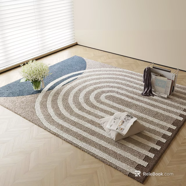 Square Area Rug With Wavy Striped Design Neutral And Blue Tones Modern Living Room Decor 3d model 