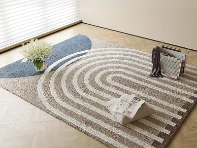 Square Area Rug With Wavy Striped Design Neutral And Blue Tones Modern Living Room Decor 3d model