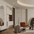 Elegant Modern Living Room Interior With Curved Ceiling Fireplace And Herringbone Floor