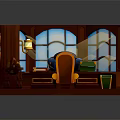 Cartoon Style Wooden Room Interior With Desk Chair Red Rug Globe And Windows