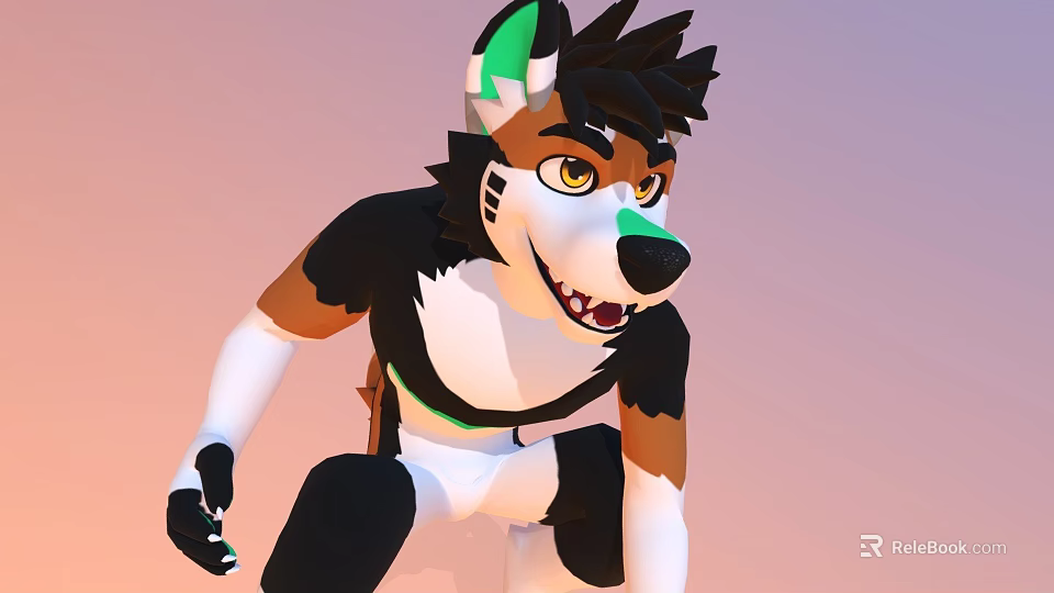 3D Animal Character With Black White Brown Fur Green Ears Yellow Eyes Open Mouth Squatting 3d model 