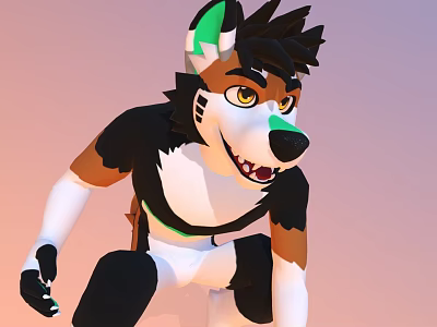 3D Animal Character With Black White Brown Fur Green Ears Yellow Eyes Open Mouth Squatting 3d model