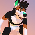 3D Animal Character With Black White Brown Fur Green Ears Yellow Eyes Open Mouth Squatting
