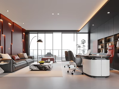 Modern Office Interior With Spacious Layout Large Windows Leather Sofa Desk Office Chairs And Bookshelves 3d model