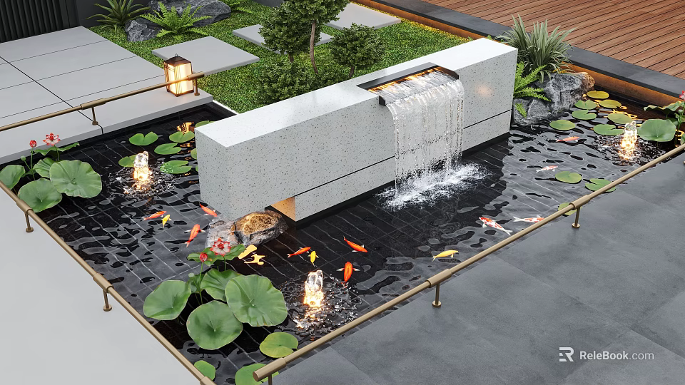 Courtyard Garden Design Featuring Waterfall Koi Fish Lily Pads And Stone Accents 3d model 