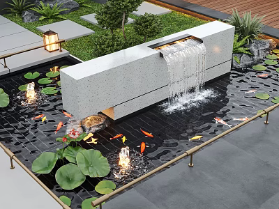 Courtyard Garden Design Featuring Waterfall Koi Fish Lily Pads And Stone Accents 3d model
