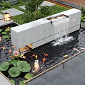 Courtyard Garden Design Featuring Waterfall Koi Fish Lily Pads And Stone Accents