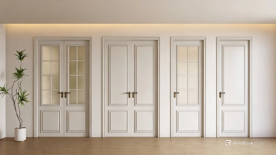 White Double Doors With Glass Panels In Modern Interior And Wooden Flooring 3d model 