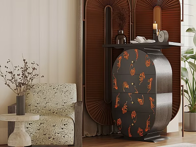 Black Chest of Drawers With Orange Floral Motifs And Decorative Items In Stylish Interior 3d model