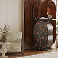 Black Chest of Drawers With Orange Floral Motifs And Decorative Items In Stylish Interior