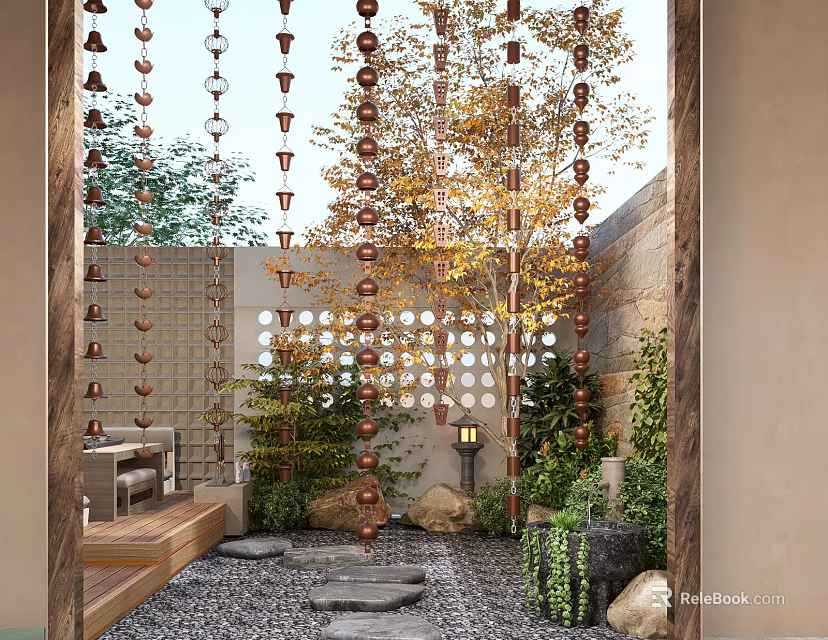 Tranquil Garden Landscape With Copper Chains Stepping Stones Yellow Leaf Trees And Circular Hole Wall 3d model 