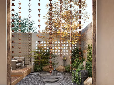 Tranquil Garden Landscape With Copper Chains Stepping Stones Yellow Leaf Trees And Circular Hole Wall 3d model