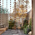 Tranquil Garden Landscape With Copper Chains Stepping Stones Yellow Leaf Trees And Circular Hole Wall