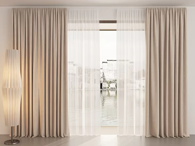 Beige Curtains With Sheer Layers In Room Featuring Floor Lamp And Water View 3d model