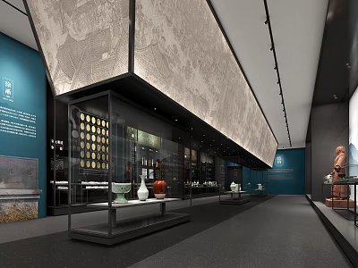 Cultural Center Exhibition Hall With Traditional Ceramic Exhibits And Glass Display Cases 3d model