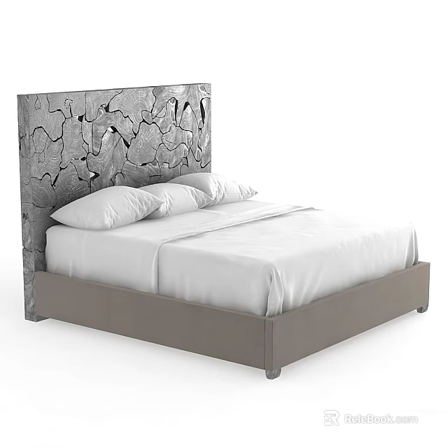 Double Bed With Gray Cracked Texture Headboard White Sheets And Light Gray Frame 3d model