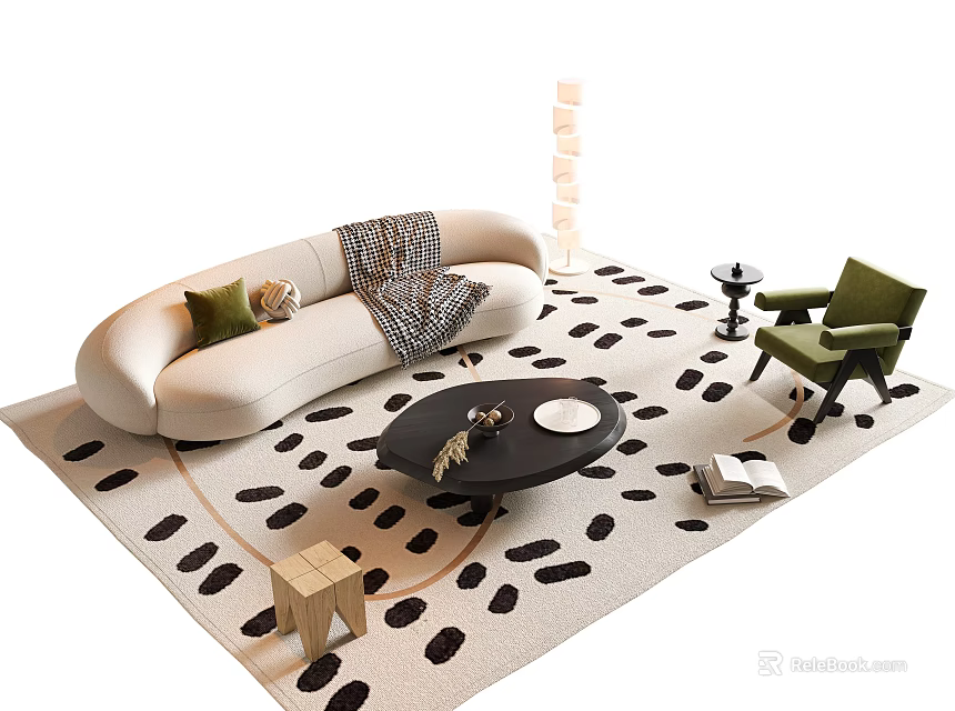 Cozy Sofa and Coffee Table Set with Patterned Rug Green Armchair Knit Blanket and Decorative Pillows 3d model 