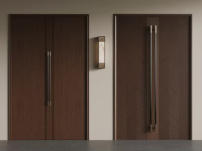 Two Brown Wooden Doors With Vertical And Herringbone Patterns Metal Handles And Wall Sconce 3d model