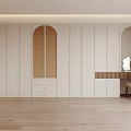 Minimalist Modern Walk-in Closet Design With White Cabinetry Arched Rattan Door And Dressing Table Chair