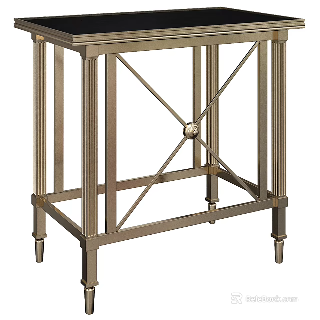 Elegant Brass Metal Side Table with Cross Design Columns and Decorative Legs 3d model 