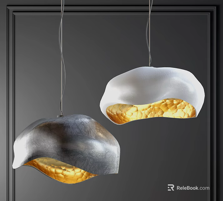 Modern Pendant Lights With Silver And White Shades And Golden Textured Warm Glow For Interiors 3d model 