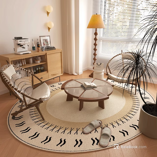 Modern Living Room Round Glass Top Coffee Table With Wooden Legs Woven Chairs And Rug 3d model 