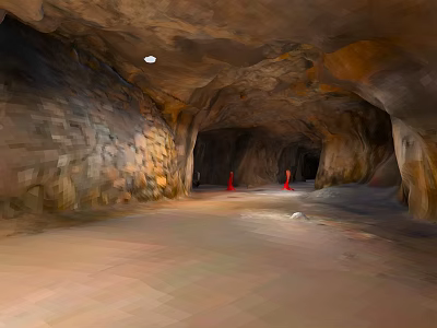Natural Cave Scenery Featuring Rock Walls Red Cones Ceiling Light And Spacious Interior 3d model