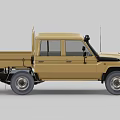 Beige Utility Pickup Truck With Double Cab Open Cargo Bed And Roof Rack
