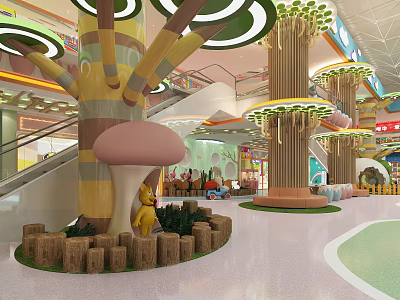 Indoor Colorful Kids Playground with Tree Themed Columns Mushroom Decor and Fun Slides 3d model