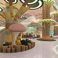 Indoor Colorful Kids Playground with Tree Themed Columns Mushroom Decor and Fun Slides