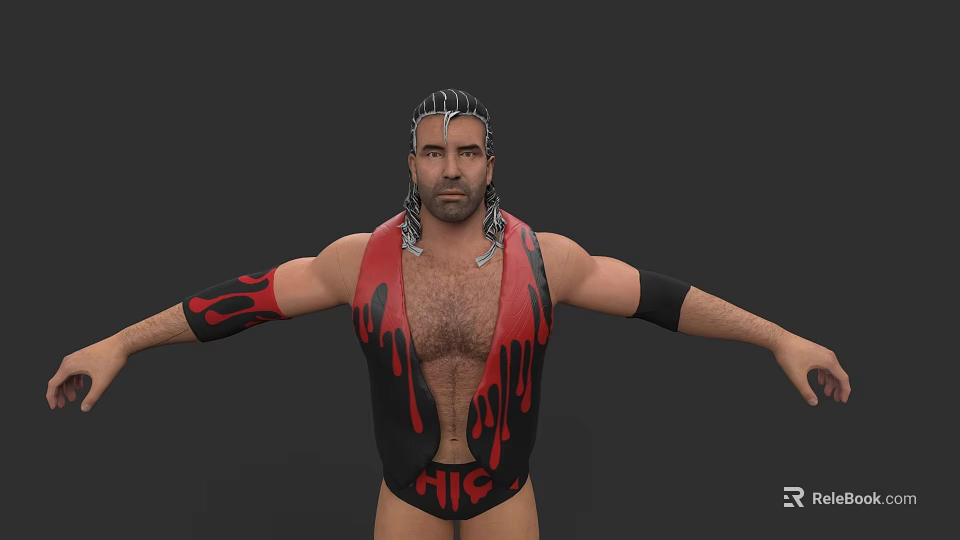 Muscular Game Movie Character With Long Hair Red Black Vest Dripping Pattern And Black Wristbands 3d model 