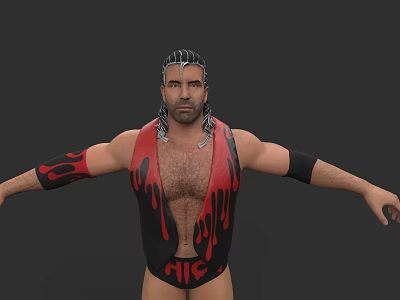 Muscular Game Movie Character With Long Hair Red Black Vest Dripping Pattern And Black Wristbands 3d model