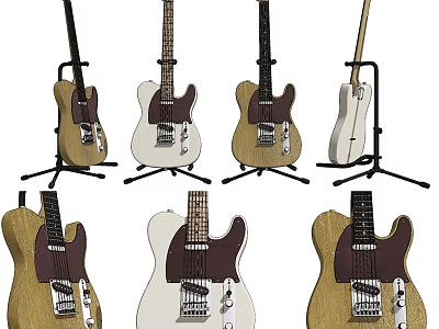 Multiple Acoustic Electric Guitars In Various Styles With Stands And Natural White Designs 3d model