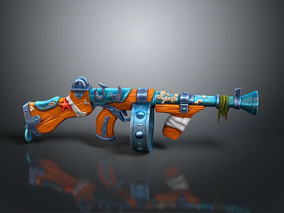 Artistic Decorative Blue And Orange Gun With Ornate Patterns Wooden Grip And Metal Barrel 3d model