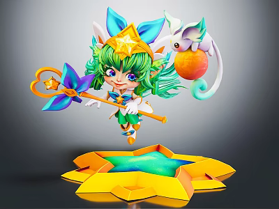 Game Movie Character With Green Hair Blue Ears Star Staff Small Animal And Star Base 3d model