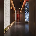 Stylish Hotel Corridor With Wall Sconces Wooden Panels White Grid Walls And Dark Flooring