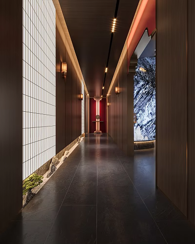 Stylish Hotel Corridor With Wall Sconces Wooden Panels White Grid Walls And Dark Flooring 3d model