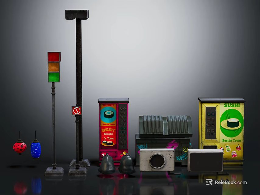 Urban Street Scene Components With Traffic Light No Parking Sign Vending Machine And Neon Billboards 3d model 