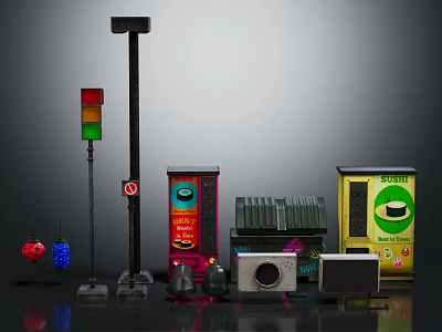 Urban Street Scene Components With Traffic Light No Parking Sign Vending Machine And Neon Billboards 3d model
