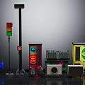 Urban Street Scene Components With Traffic Light No Parking Sign Vending Machine And Neon Billboards