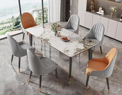 Modern Dining Table Set With Marble Top Gray And Orange Dining Chairs 3d model