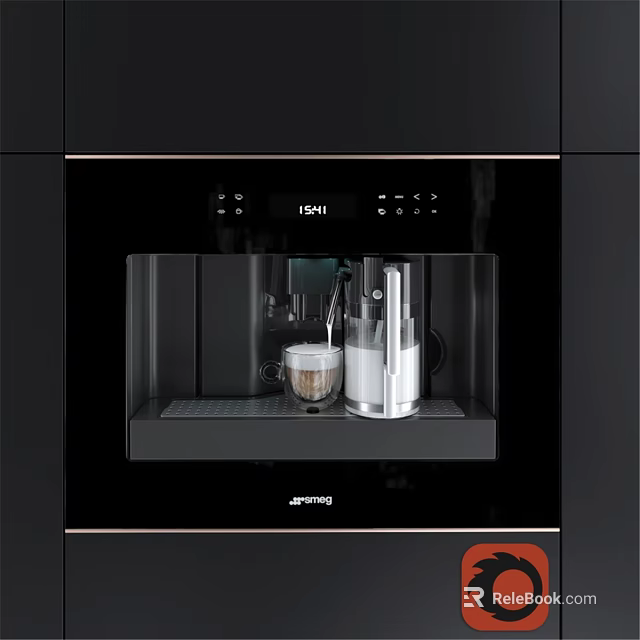 Modern Black Built in Kitchen Coffee Machine With Cup And Milk Jug 3d model 