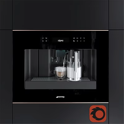 Modern Black Built in Kitchen Coffee Machine With Cup And Milk Jug 3d model