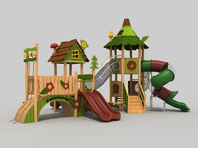 Colorful Outdoor Playground Structure With Wooden Playhouse Slide And Tree Shaped Roof 3d model