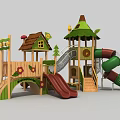 Colorful Outdoor Playground Structure With Wooden Playhouse Slide And Tree Shaped Roof