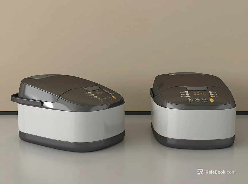 Two Dark Gray And White Rice Cookers Kitchen Appliances With Control Panels On Light Countertop 3d model 